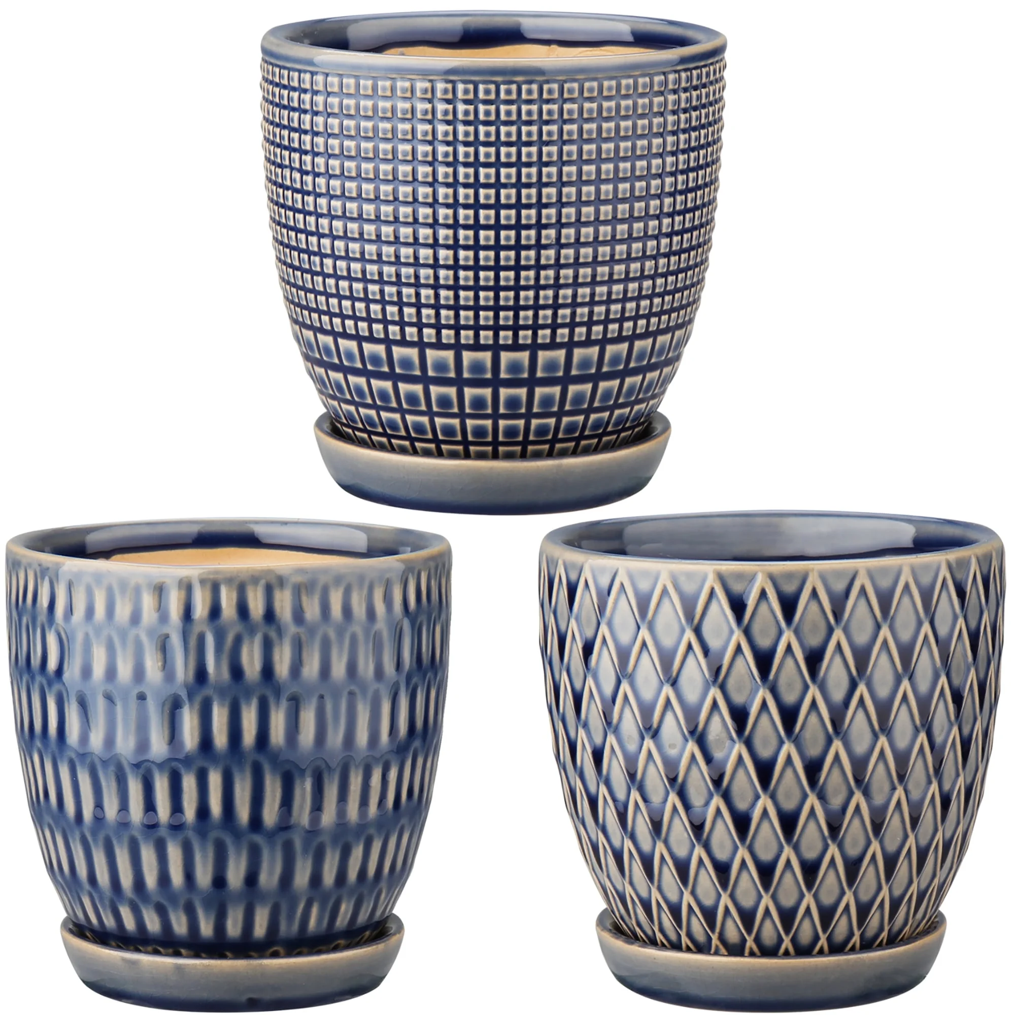 3 Pcs Ceramic Flower Planter Pots 4 Inch with Drainage Hole and Ceramic Tray for Succulents Cactus Indoor Outdoor Garden Home Windowsill Blue