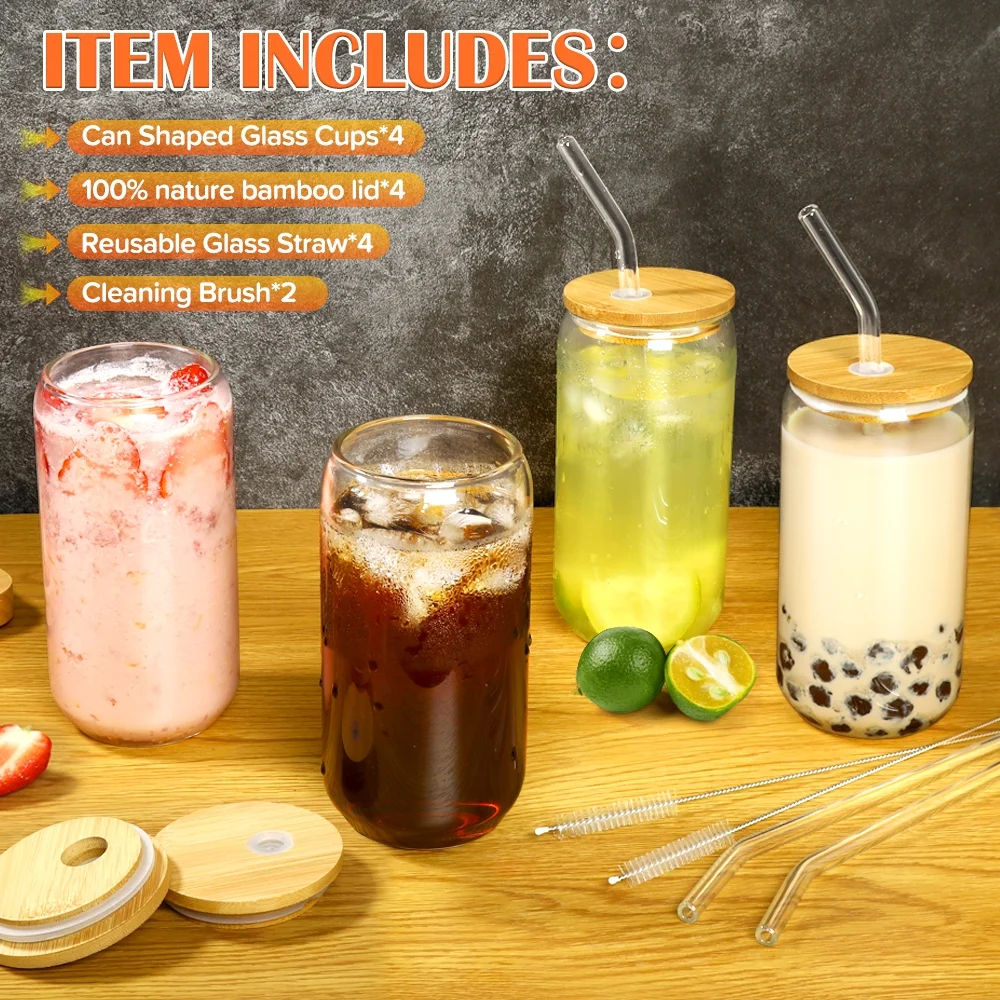Drinking Glasses with Bamboo Lids and Glass Straw 4 Sets - 16oz Can Shaped Glass Cups, Beer Glasses, Iced Coffee Glasses, Cute Tumbler Cup, Ideal for Cocktail, Whiskey, Gift - 2 Cleaning Brushes