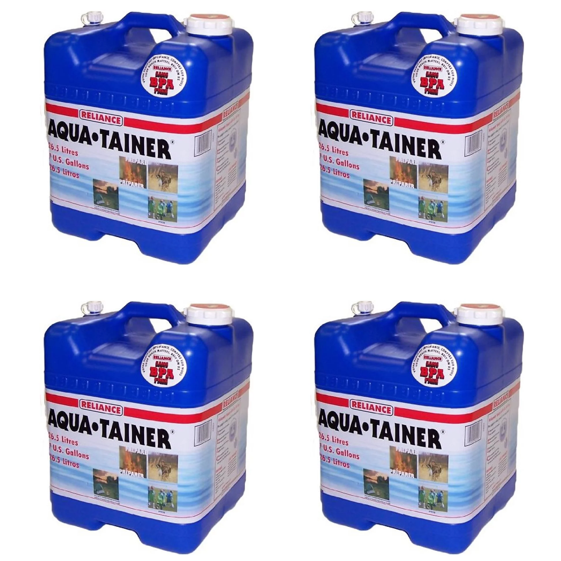 Reliance Products Aqua Tainer 7 Gallon Drinking Water Storage Container Tank (4 Pack)