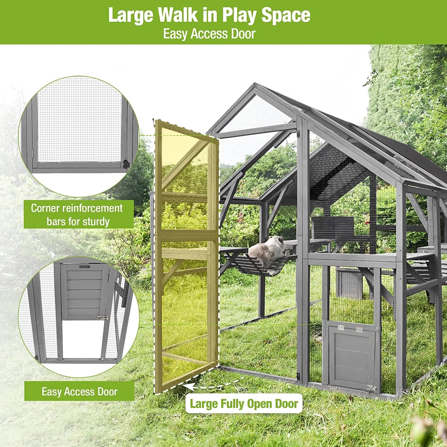 Cat House Outdoor Luxurious Cat Condo, Segmart Walk-in Weatherproof UV Proof Walk in Catio Enclosure Iguana Cage with Sunshine Board, Super Large Enter Door, Sleeping Houses, Bridges, Dark Grey