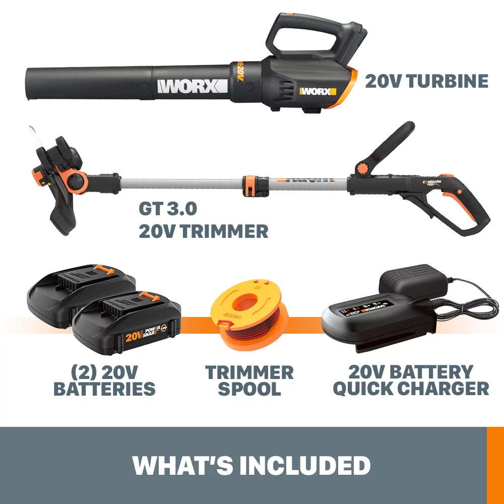 Worx WG928 Power Share 20V GT 3.0 Trimmer & Turbine Blower (Batteries & Charger Included)