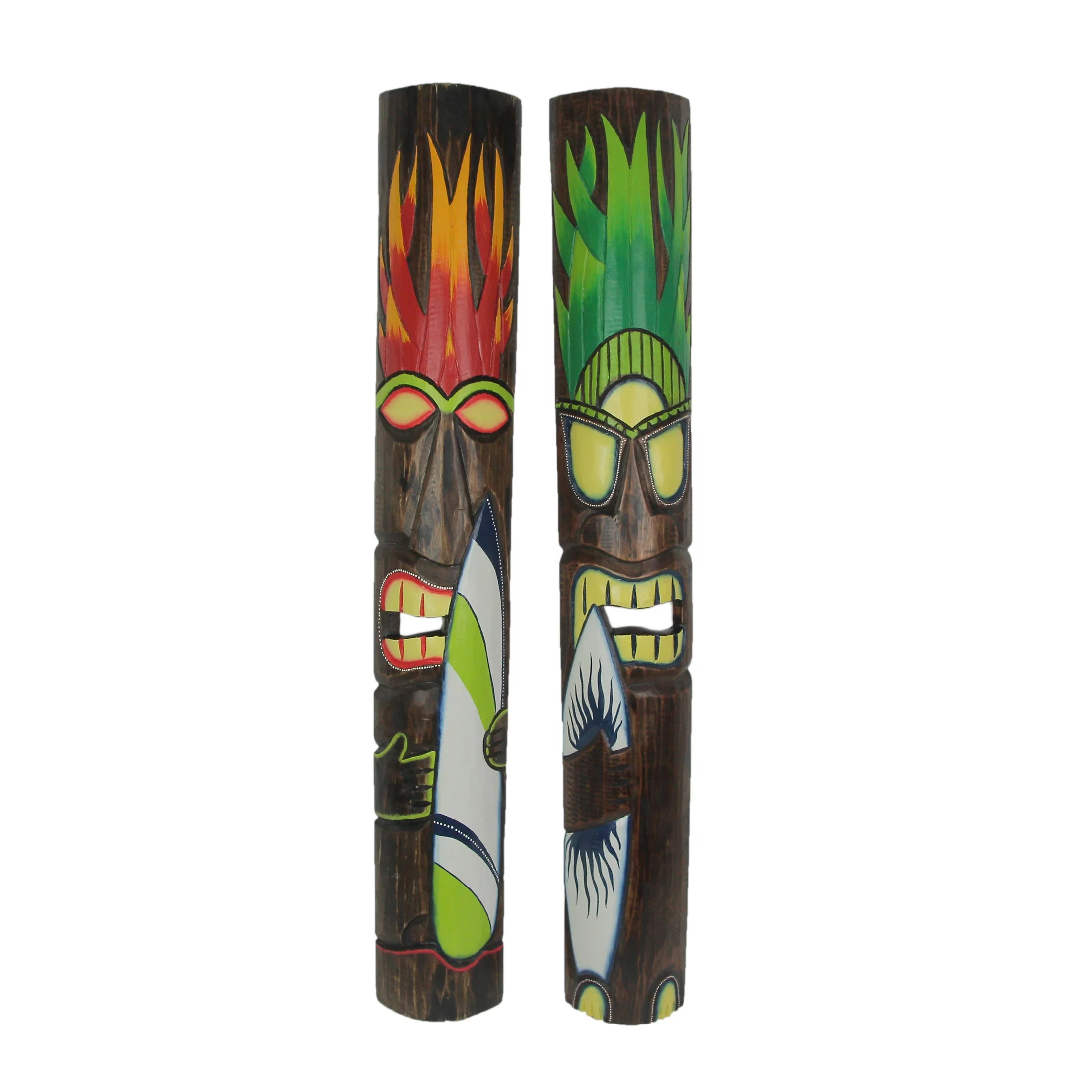 J.D. Yeatts Fire and Earth Carved Wood Surfer Tiki Wall Masks 39 inch (Set of 2)