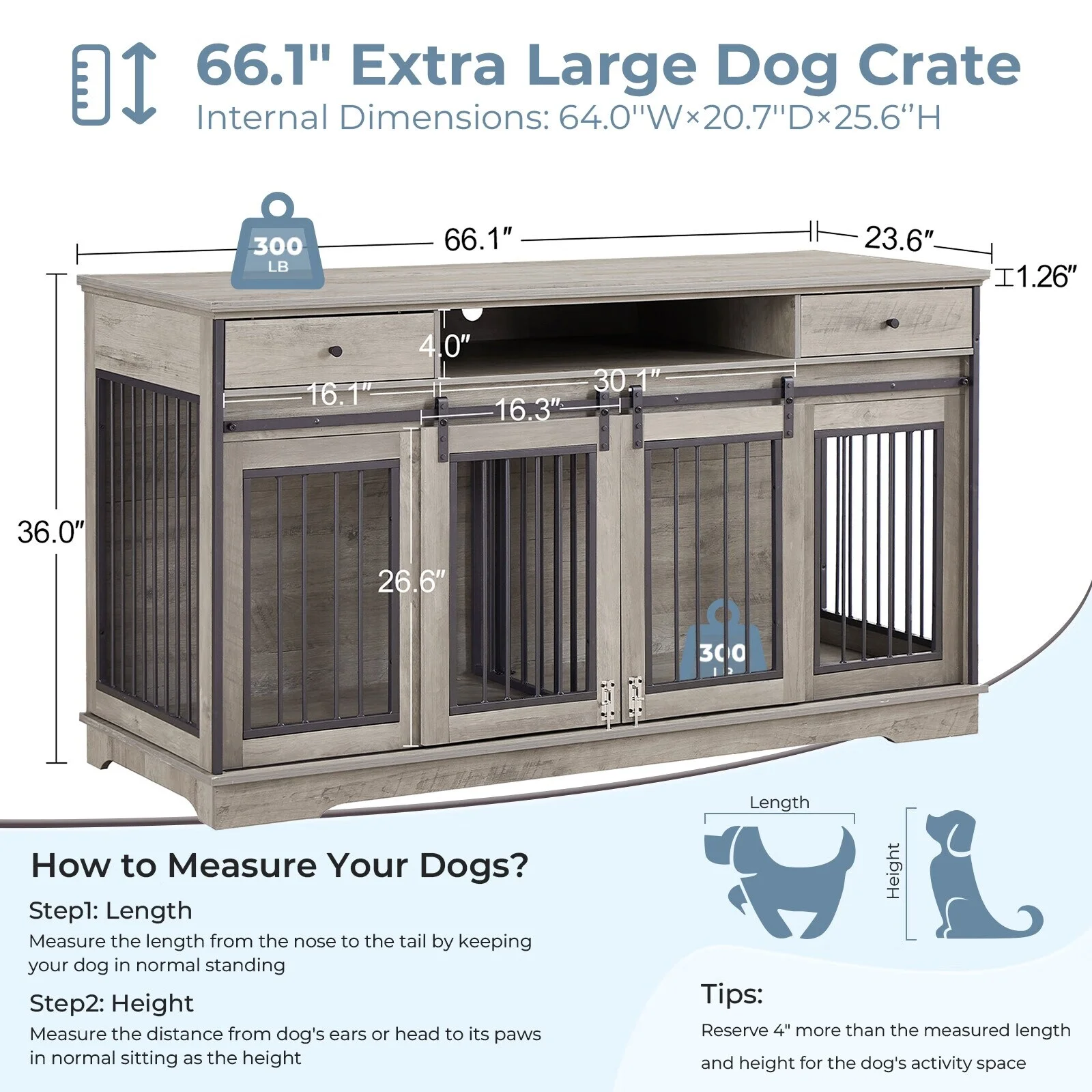 Dog Crate Furniture Large Breed TV Stand with Drawer & 2 Sliding Doors Grey