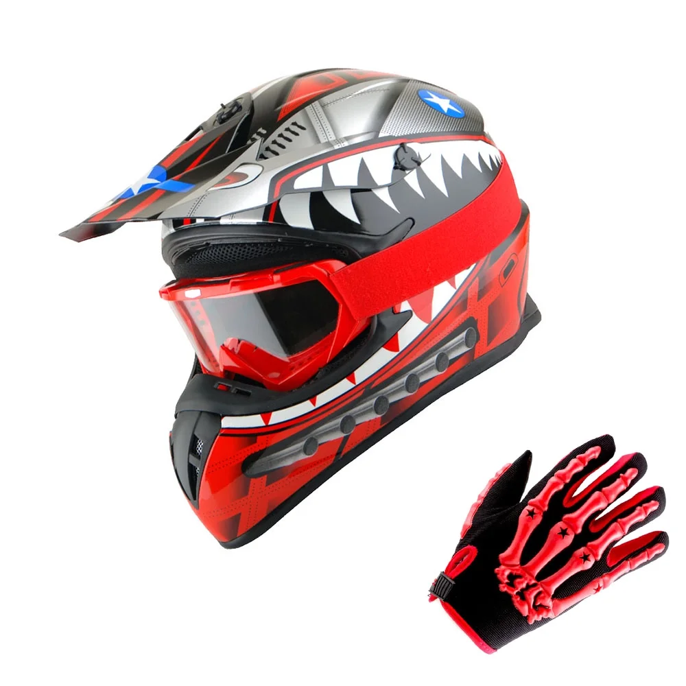 1Storm Adult Motocross Helmet BMX MX ATV Dirt Bike Downhill Mountain Bike Helmet SC09S Monster Shark Red; + Goggles + Skeleton Red Glove Bundle