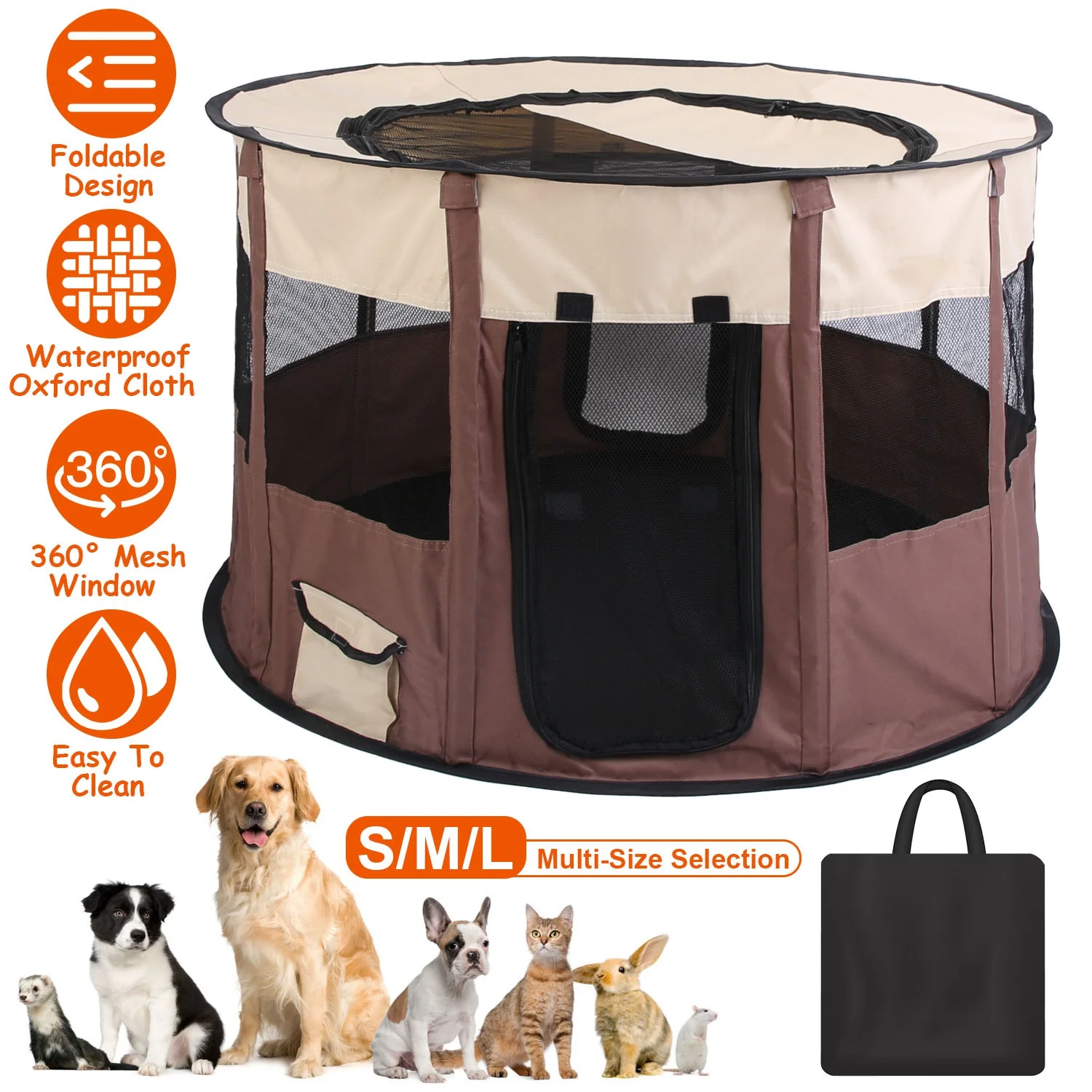 Foldable Dog Playpen iMounTEK Pet Playpen Tent with Carry Bag Waterproof Breathable Detachable Upper Cover for Dog Cat Rabbit Indoor Outdoor Brown S