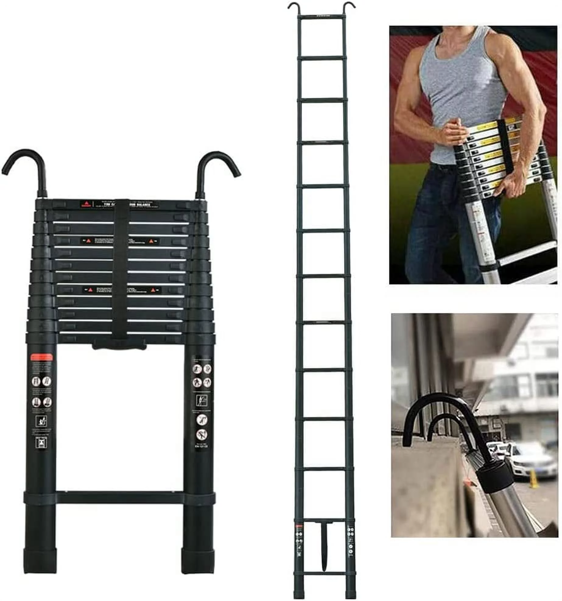 Dayplus Telescopic Ladder Extendable Laders Aluminium Folding 3.2M/10.5ft with Roof Hooks