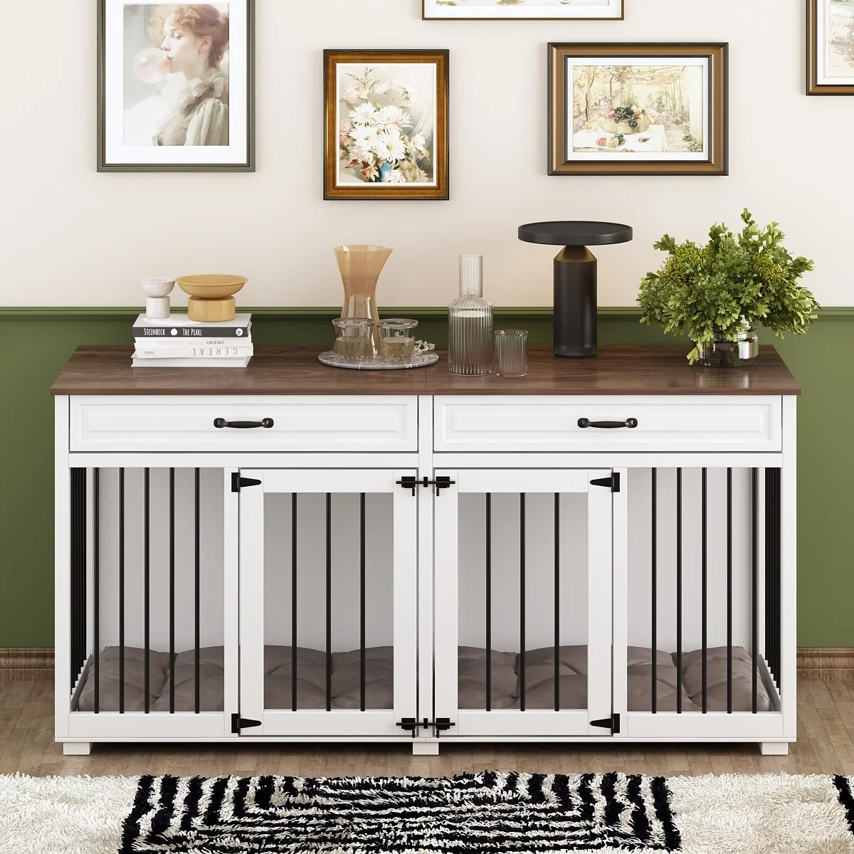 Wooden Double Dog Crate Kennel Furniture with 2 Drawers & Divider White