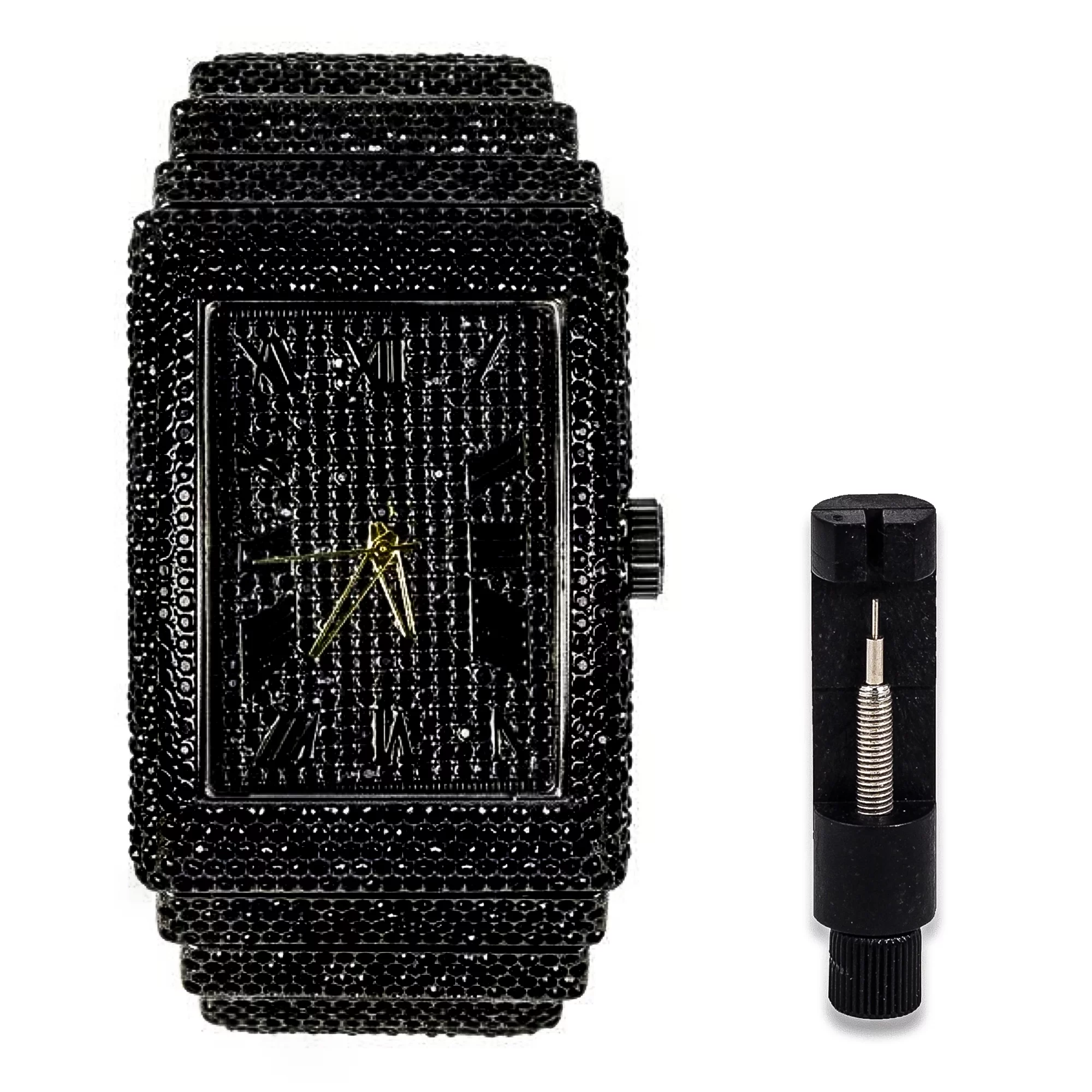 Men's Rectangle Iced Out Diamond Watch - Brilliant Crystals, Bling-ed Out Roman Dial, Iced Bezel - Fully Iced Out Band with Adjustable Sizing - Gun Black Finish - Luxury Timepiece