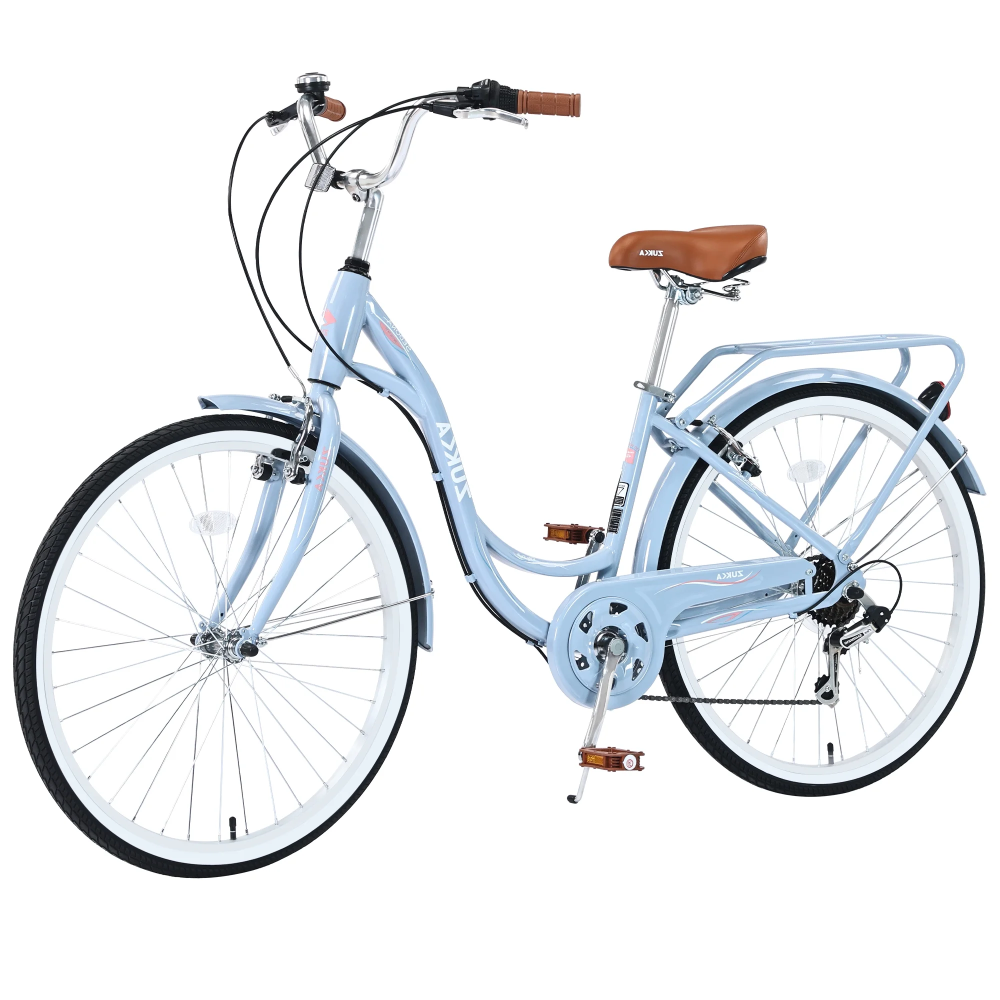 26 Inch Women's Beach Cruiser Bike with Rear Rack 7 Speeds Commuter Bike High-Carbon Steel Frame, Ladies Bicycle Blue
