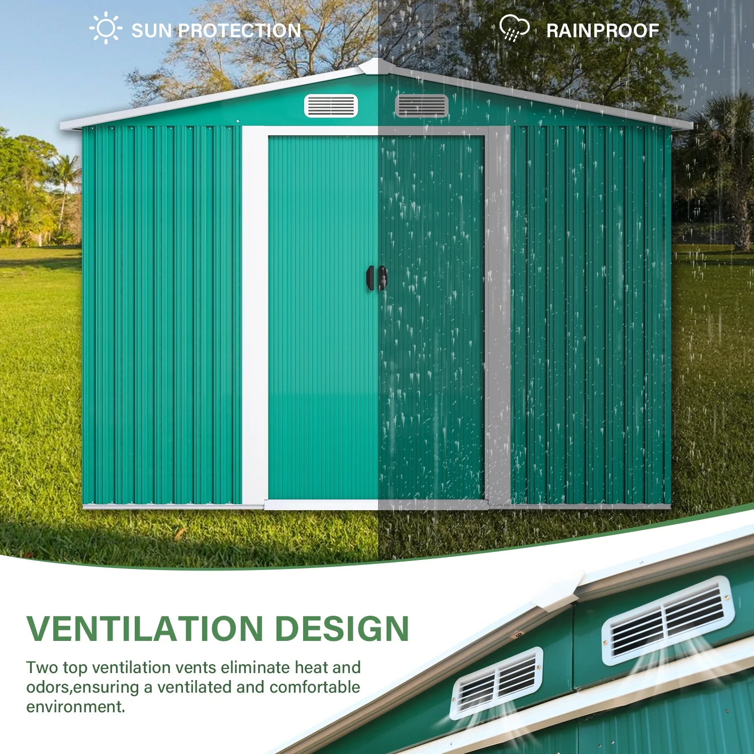 8' x 8' Outdoor Metal Storage Shed, Metal Shed & Outdoor Storage with Sliding Door, Tools Storage Shed, Steel Garden Shed, Outdoor Storage Shed for Backyard, Green