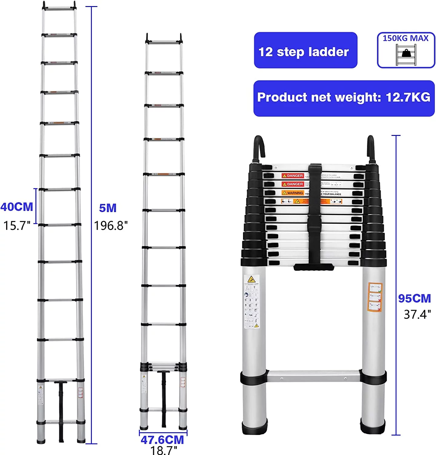 Telescoping Ladder 16FT Aluminum Telescopic Ladder with 2 Detachable Roof Hooks, Roof Ladder Extension Collapsible Ladder for RV, Multi-Purpose Folding Ladder, Outdoor Work Ladder 330lbs Max Capacity