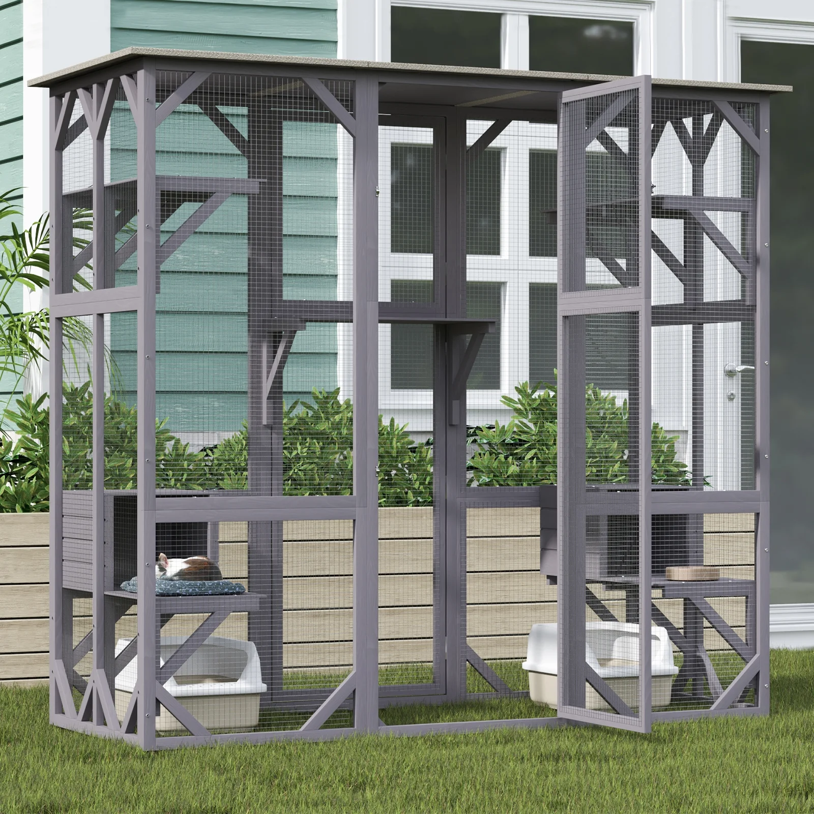 SKYSHALO Cat House Outdoor, 7-Tier Large Catio, Cat Enclosure with 5 Platforms, 2 Resting Boxes & Large Front Door, 71.2 x 34.6 x 66.5 inch