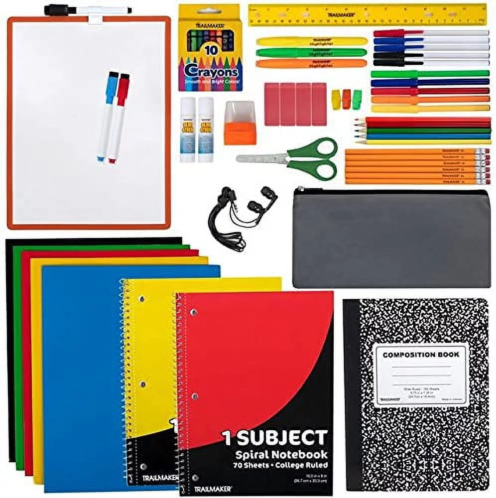 Trailmaker - 60 Piece, K-12  School Supplies Kit for Kids Includes Notebooks, Folders, White Board, and More