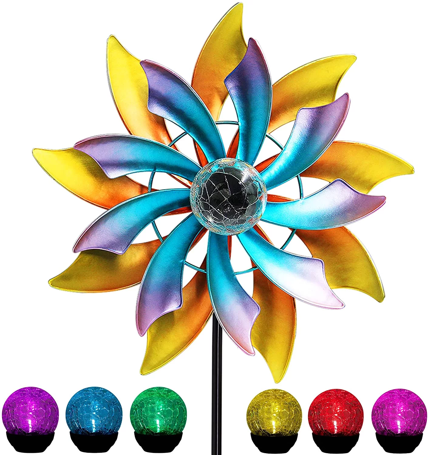 MAGGIFT 57 Inch Solar Wind Spinner with Metal Garden Stake, Multi Color Changing LED Solar Powered Glass Ball, Outdoor Wind Catcher Yard Patio Christmas Holiday Decoration