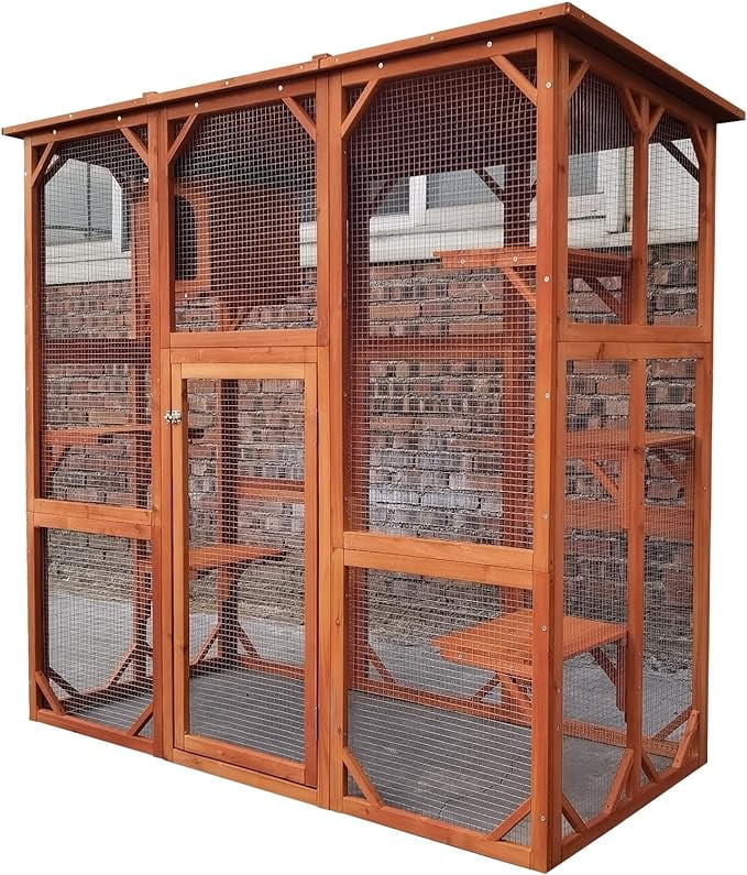 Omitree New Large Outdoor Weatherproof Multi Platforms Wooden Cat House Catio Indoor Feral Cat Shelter with Lounge Box Asphalt Roof