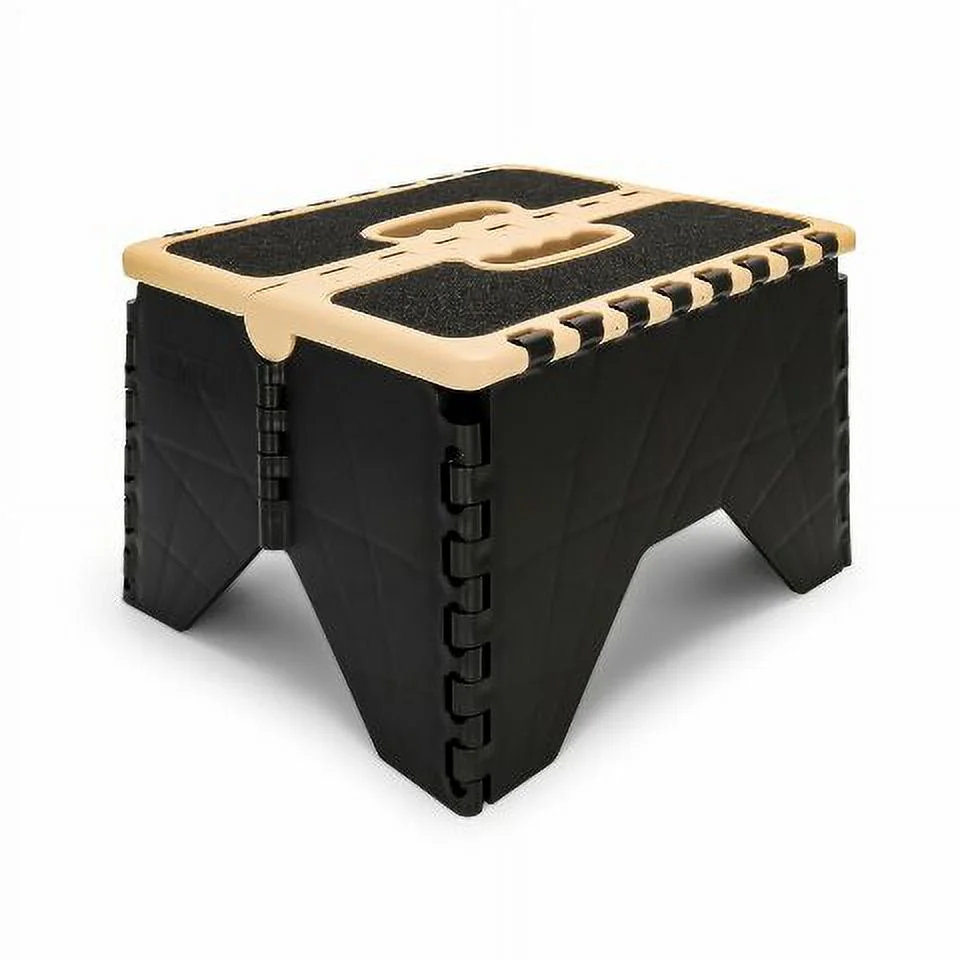 Camco Folding Step Stool | Supports up to 300lbs | Impact resistant Resin, Black and Tan (43638)
