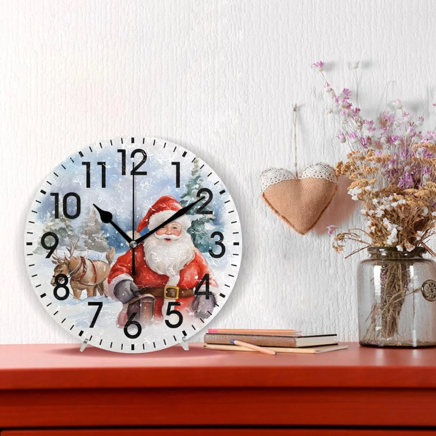 GZHJMY Home Decor Santa Claus Deer Christmas Xmas Watercolor Round PVC Acrylic 9.5 Inch Wall Clock Non Ticking Silent Clock Art for Living Room Kitchen Bedroom