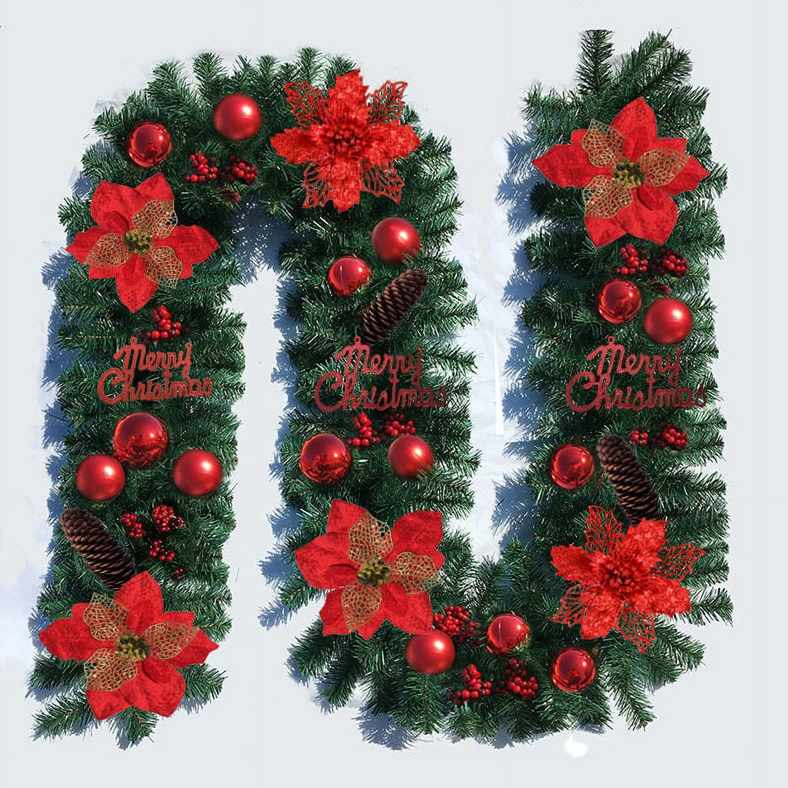 9ft Christmas Garland with Lights Pine Garland with Red Berry for Christmas Decoration Outdoor Indoor Stairs Fireplace Home Holiday A3