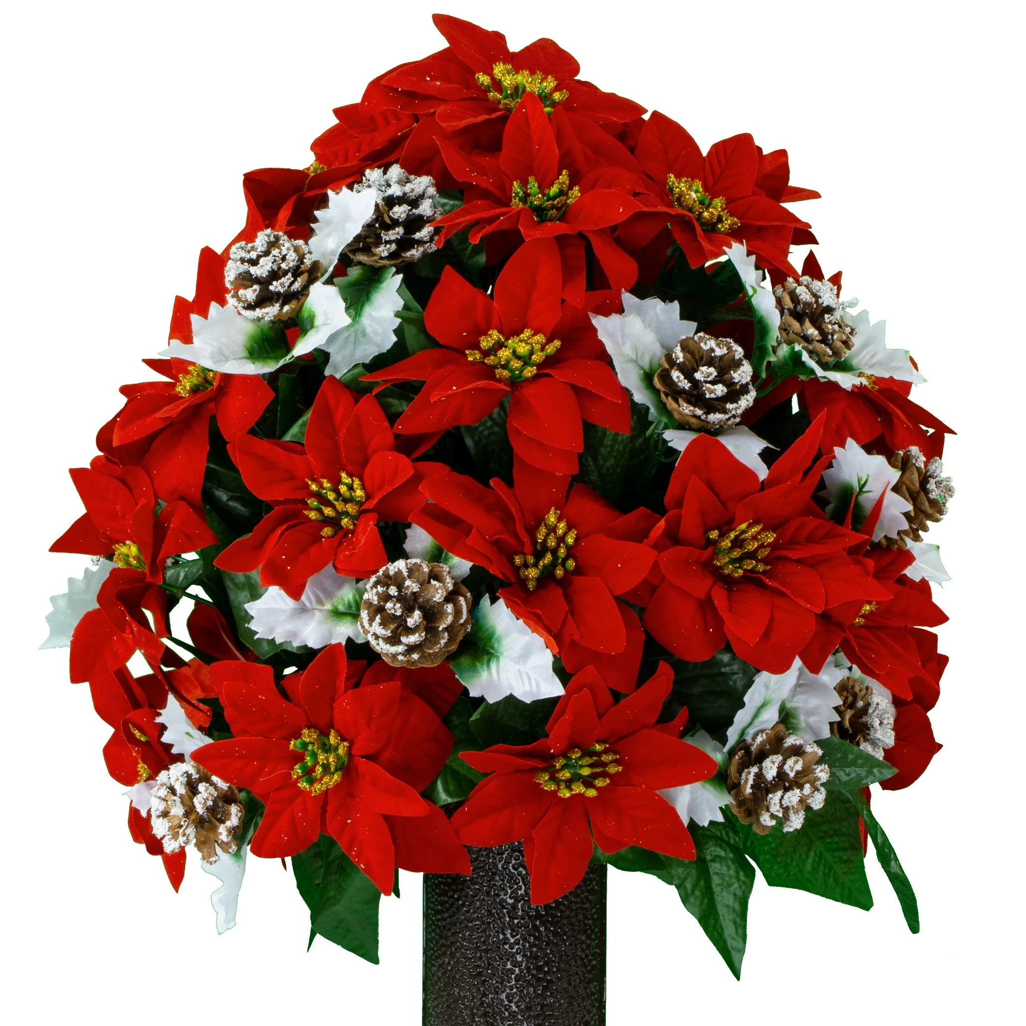 Sympathy Silks Artificial Cemetery Flowers, Christmas Bouquet, Red Poinsettias and Pinecones