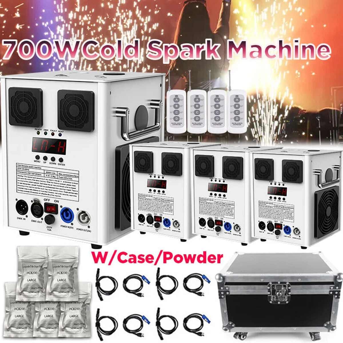 4pcs Cold Spark Machine with Case & 5bag Ti Powder Stage Party Disco Wedding Firework Machine for Halloween Christmas,White