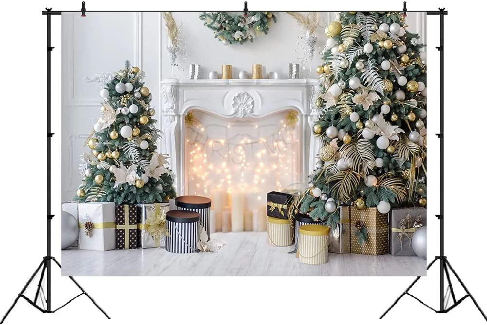 Christmas Themed Photo Backdrop White Fireplace Background for Photography Xmas Trees Gifts Interior Bright Wood Floor Backdrop for Photoshoot Holiday Celebration Party Decorations 7x5ft