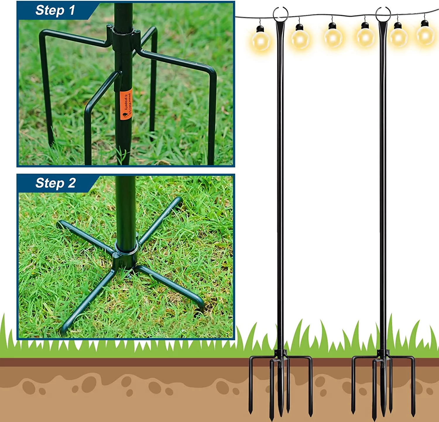 MINGFENG String Light Poles with Hook Outdoor Metal Lighting Pole for Hanging String Lights for Garden Party 9.4FT Lights Hanger with 5-Prong Fork Steel Stand Holder for Patio Christmas Wedding