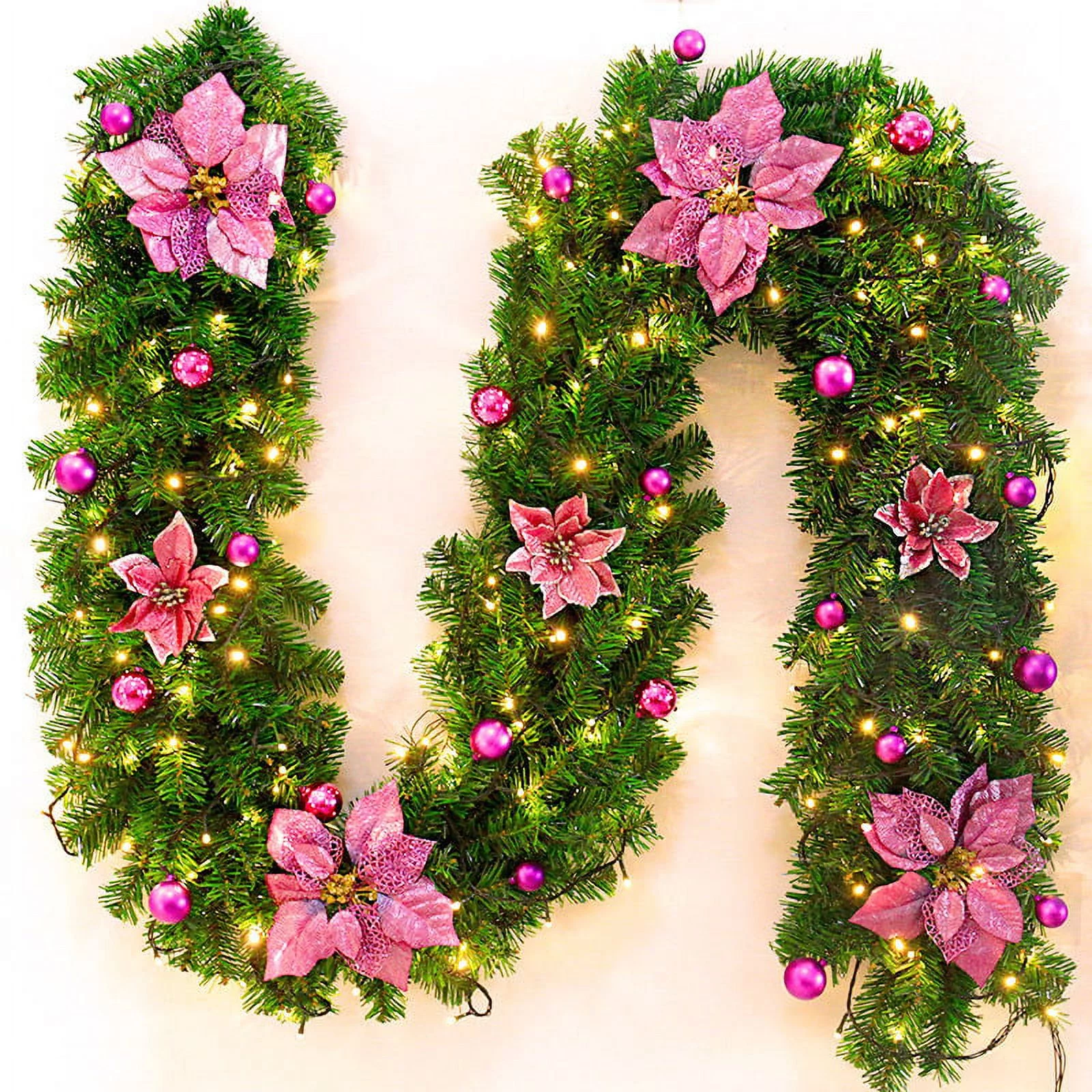 9ft Christmas Garland with Lights Pine Garland with Red Berry for Christmas Decoration Outdoor Indoor Stairs Fireplace Home Holiday A18