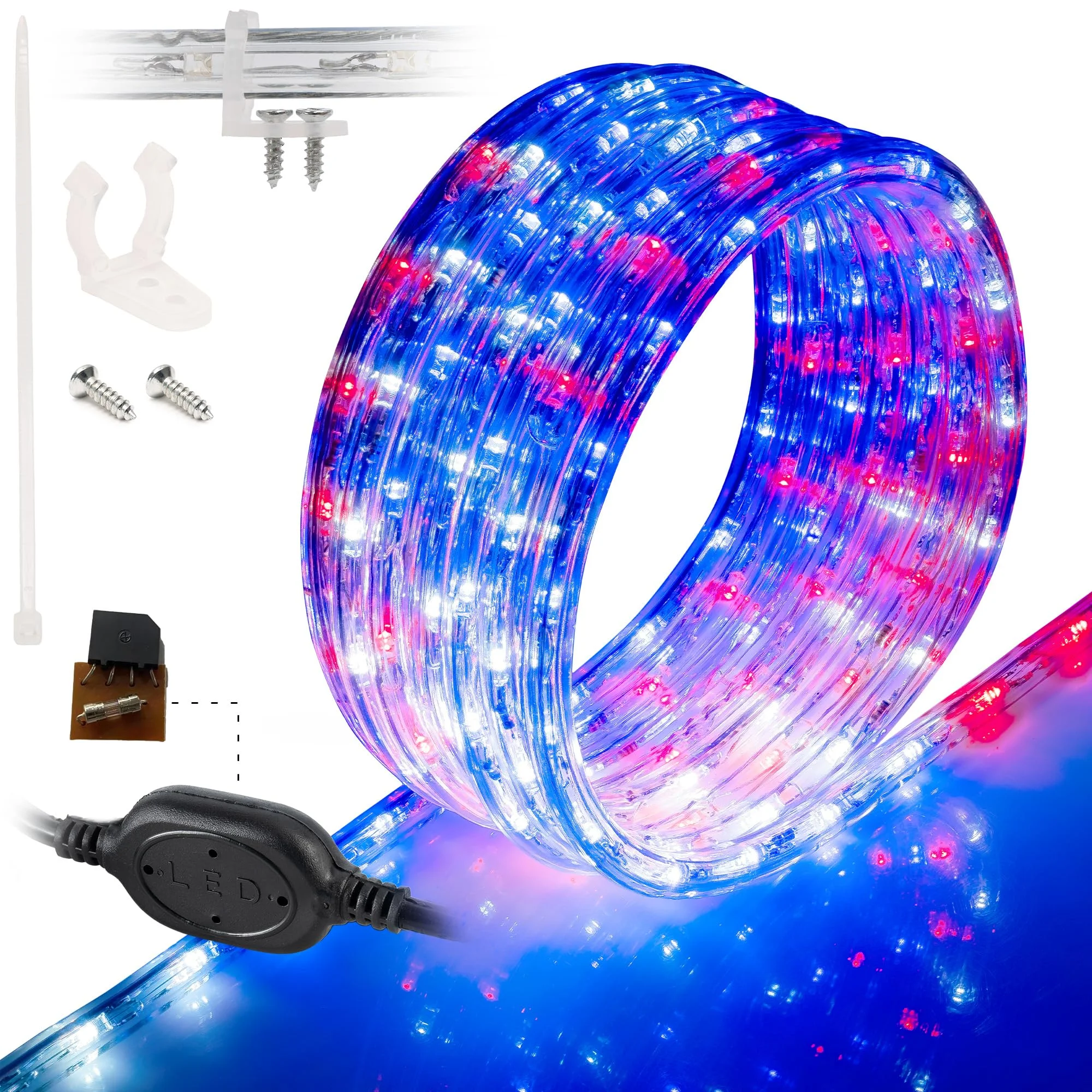 WYZworks 1116LEDs 100ft LED Outside Rope Lights, Outdoor ETL Certified Waterproof Permanent 360 Degree Light Emitting, Flexible Tube, Connectable, Christmas Palm Tree Exterior, Red,White,Blue (USA)