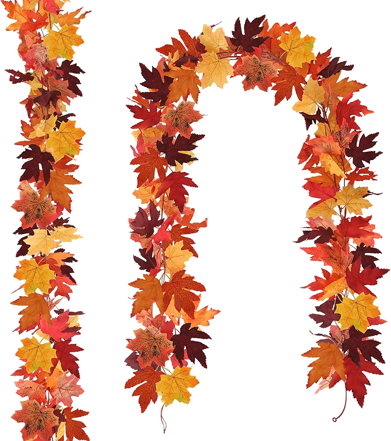 2 Pack Fall Leaf Garland Artificial Hanging Vines Autumn Foliage Maple Garland for Thanksgiving Party Indoor Outdoor Home Fireplace Christmas Decorations