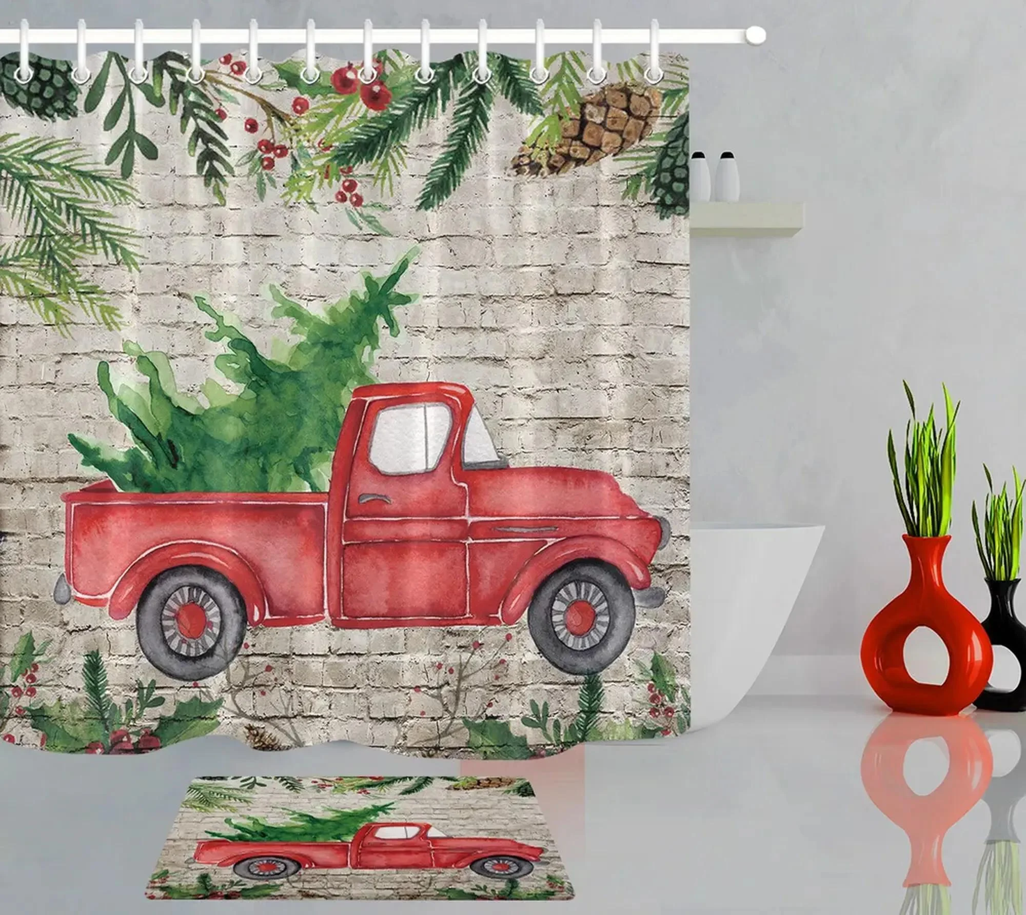 Rustic Red Truck Christmas Shower Curtain - Festive Watercolor Tree on Brick Wall Bathroom Decor