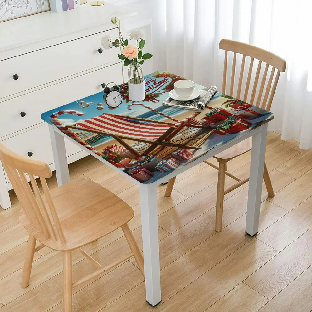 HAOXIT Christmas Outdoor Rectangle Tablecloth,Wrinkle Free Wipeable Fabric Table Cloth Waterproof Cover for Camping Party,Blue Beach Deck Chair Gift Coastal Pine White