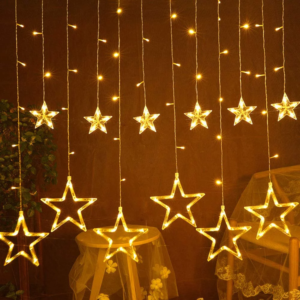 Fairy Curtain String Lights, 12 Stars 138 LED Window Curtain Lights with 8 Flashing Modes Decoration for Christmas, Wedding, Party, Home