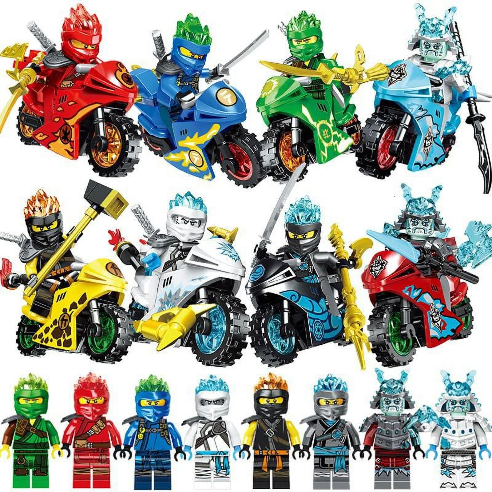8 Pcs Ninjia Warrior Minifigures Building Blocks Kit Set,Ninja Moto Figures Toys Gifts for Birthday, Christmas, Easter, Presents for Fans and Boys