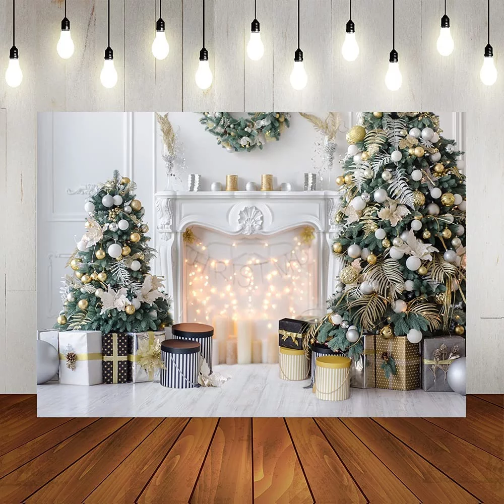 Christmas Themed Photo Backdrop White Fireplace Background for Photography Xmas Trees Gifts Interior Bright Wood Floor Backdrop for Photoshoot Holiday Celebration Party Decorations 7x5ft
