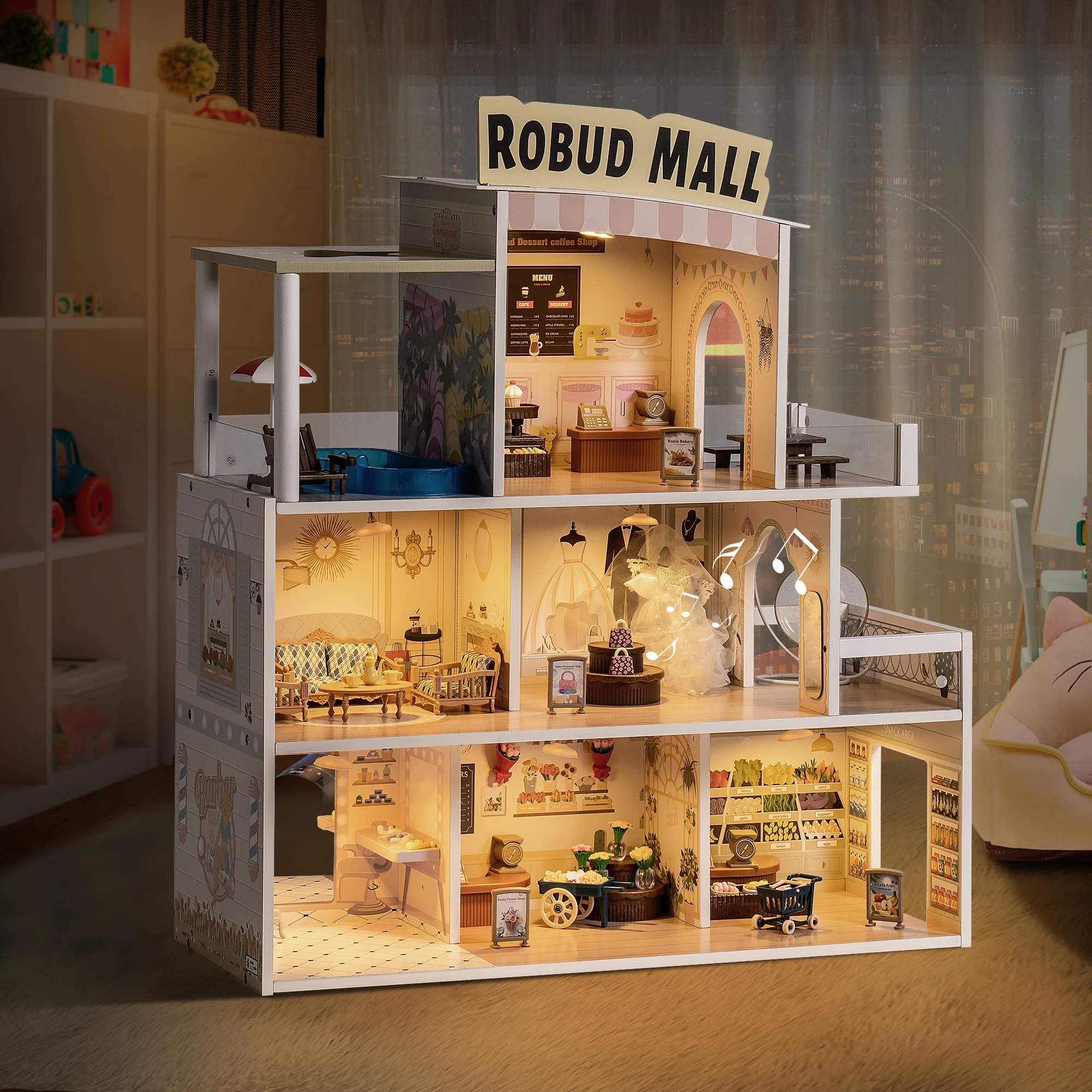 Glavbiku Modern Wood Kids DollHouse Kit,Girls Play Shopping Mall Dollhouse for Christmas Gifts,28