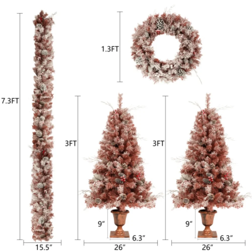 GO 4-Pieces Set Artificial Christmas Tree, Brown Needles with flocking, with Warm Lights, pine cones and berries, Artificial Tree for door and fireplace