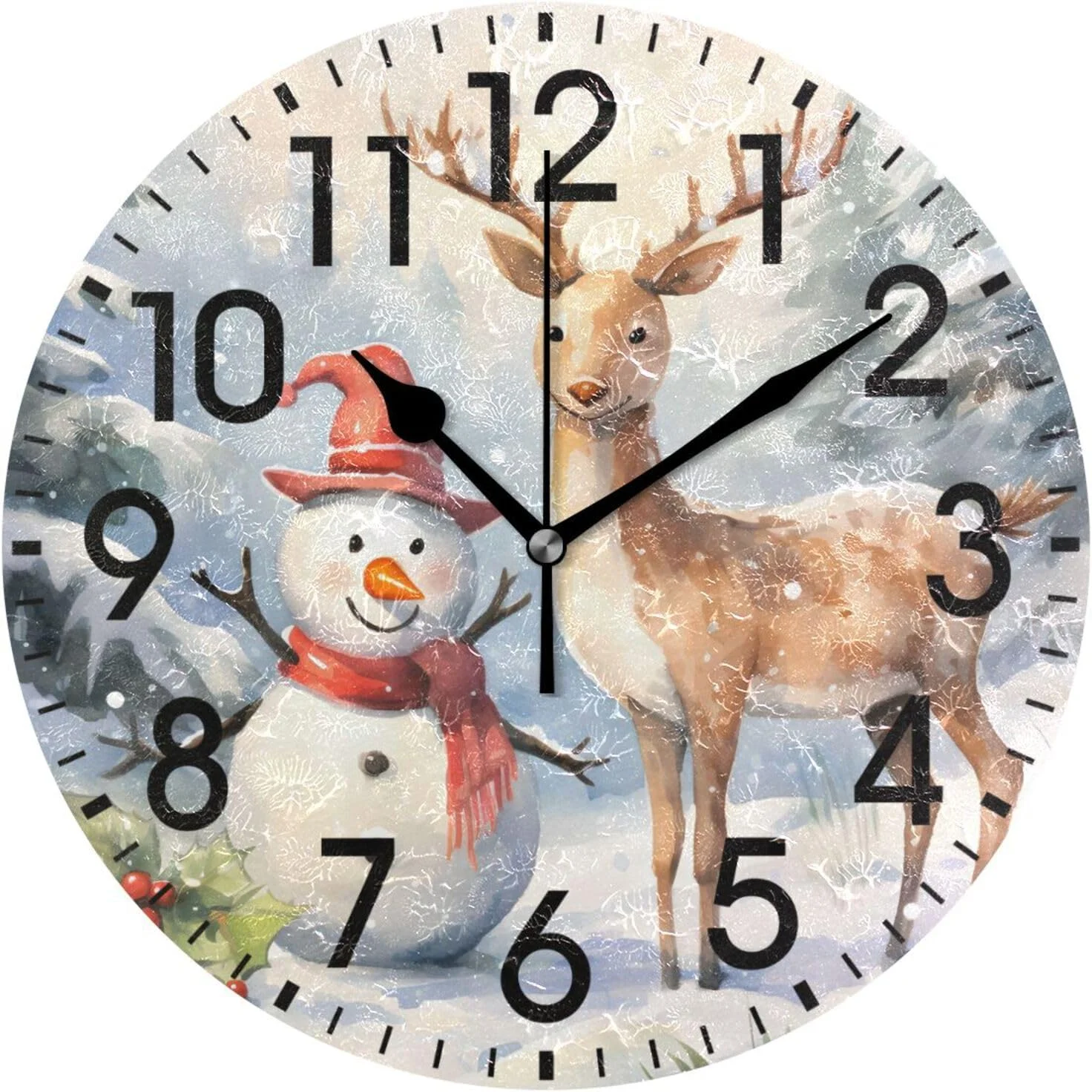 GZHJMY Home Decor Snowman Reindeer Watercolor Christmas Tree Round PVC Acrylic 9.5 Inch Wall Clock Non Ticking Silent Clock Art for Living Room Kitchen Bedroom