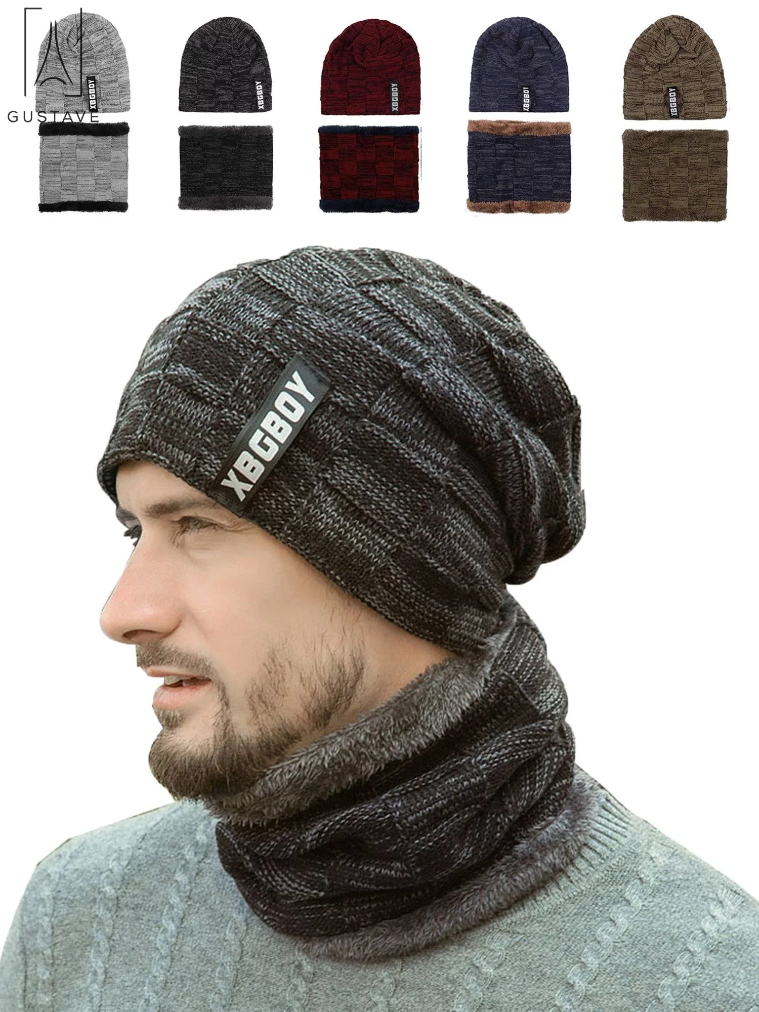 Gustave 2-Pieces Winter Beanie Hat Scarf Set Warm Knit Hat Thick Knit Skull Cap for Men Women Christmas New Year Gift 