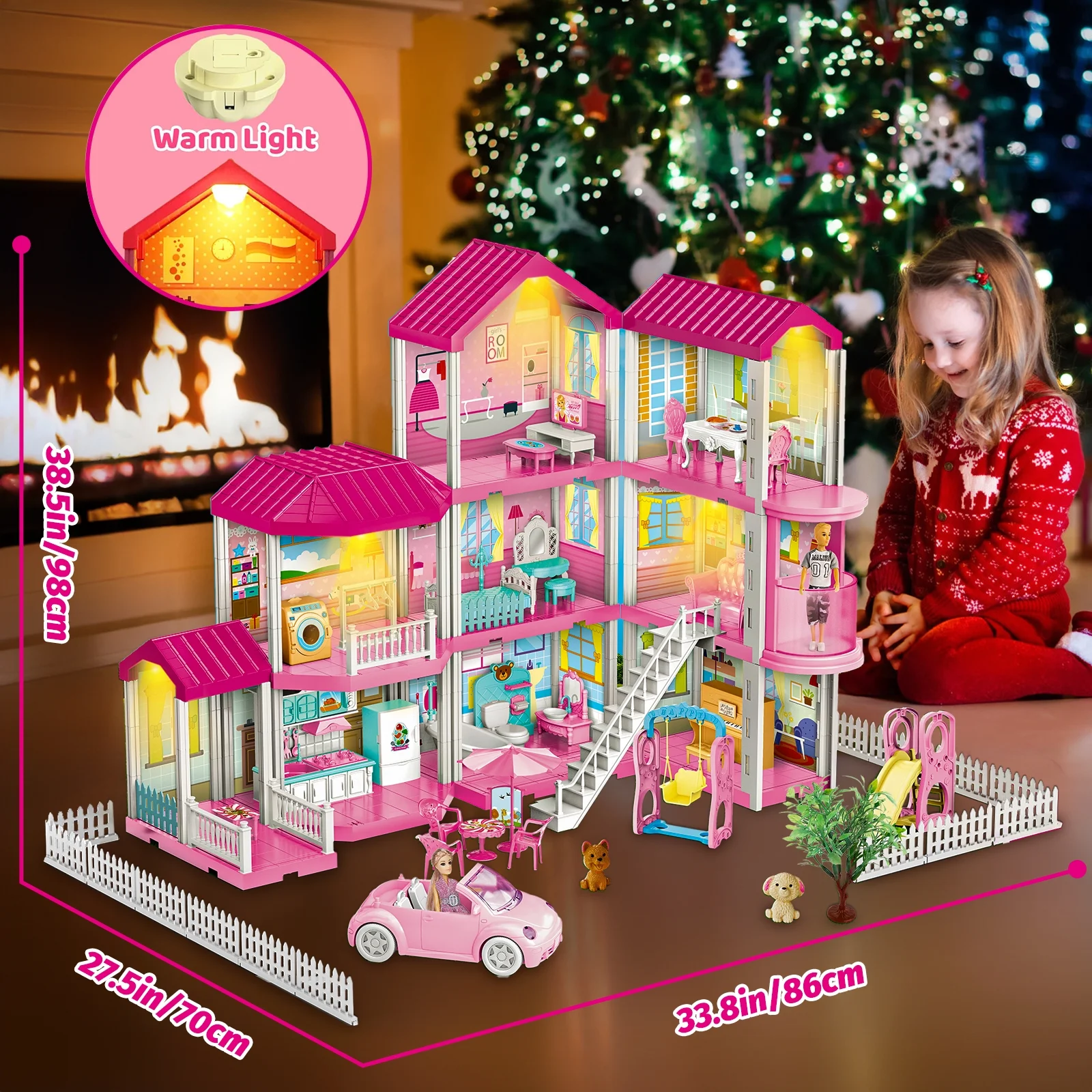 Freecat Doll House, Dream Doll House for Girls, Pretend Play Set with 318PCS 2 Dolls & Furniture Accessories, Princess Dollhouse Toy for 3 4 5 6 7 8+ Year Old Kids Girls Christmas Toy Gifts