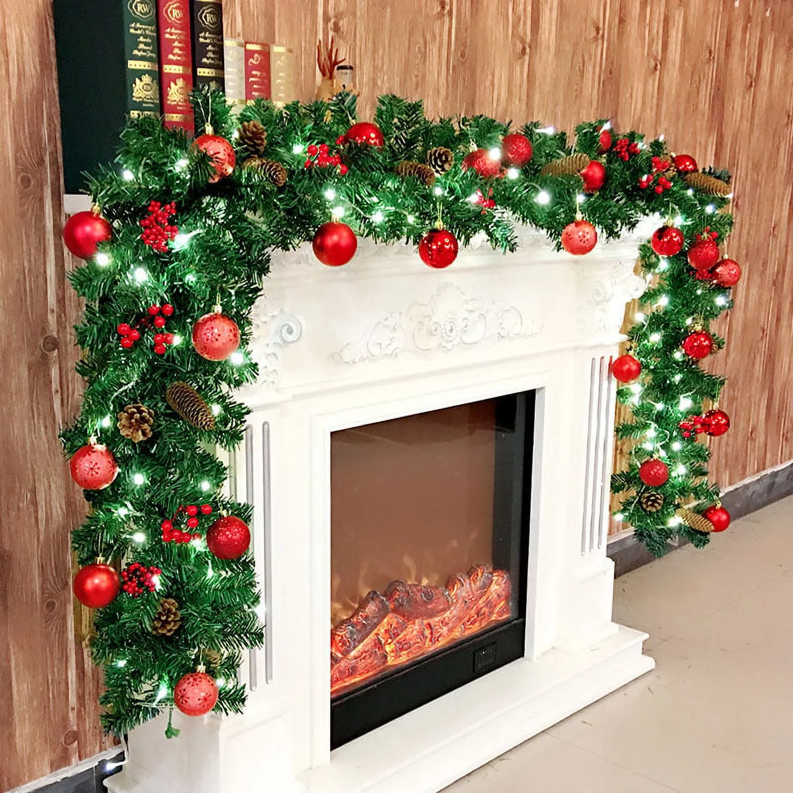 9ft Christmas Garland with Lights Pine Garland with Red Berry for Christmas Decoration Outdoor Indoor Stairs Fireplace Home Holiday A19