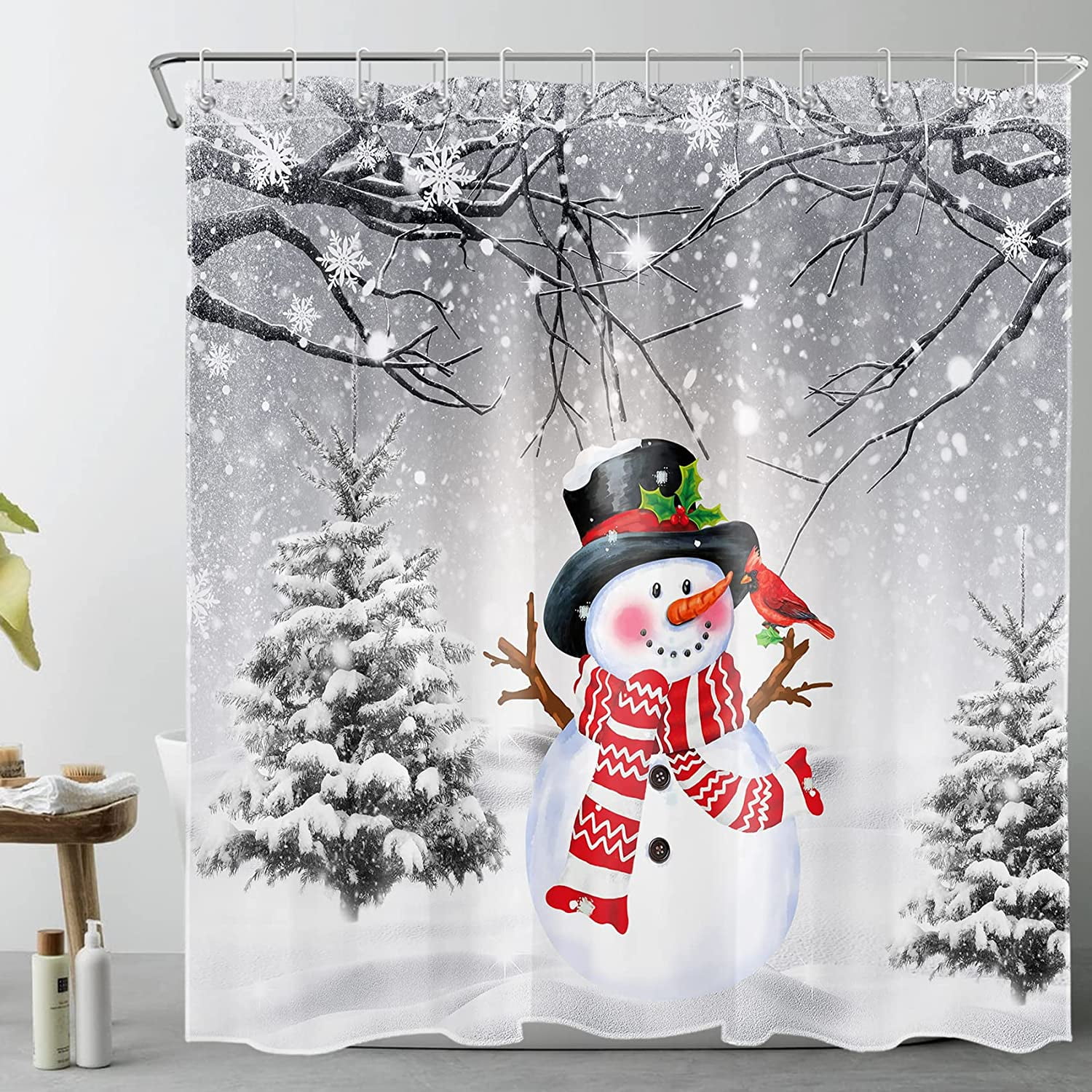 Newhomestyle Christmas Shower Curtain , Winter Snowman in Snowy Forest Shower Curtains, Snow Covered Pine Trees Polyester Waterproof Durable Fabric Bath Accessories, 72X72 inches