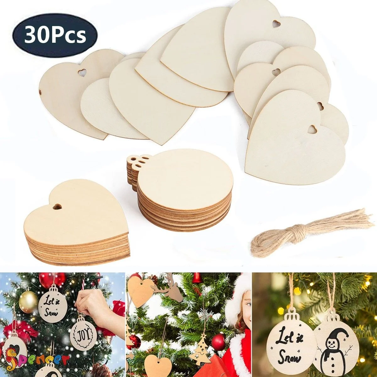 Spencer 30pcs Heart Shape Wooden Slices Christmas Ornament Natural Wood Hanging Decoration Xmas Tree for Wooden DIY, Crafts Centerpieces