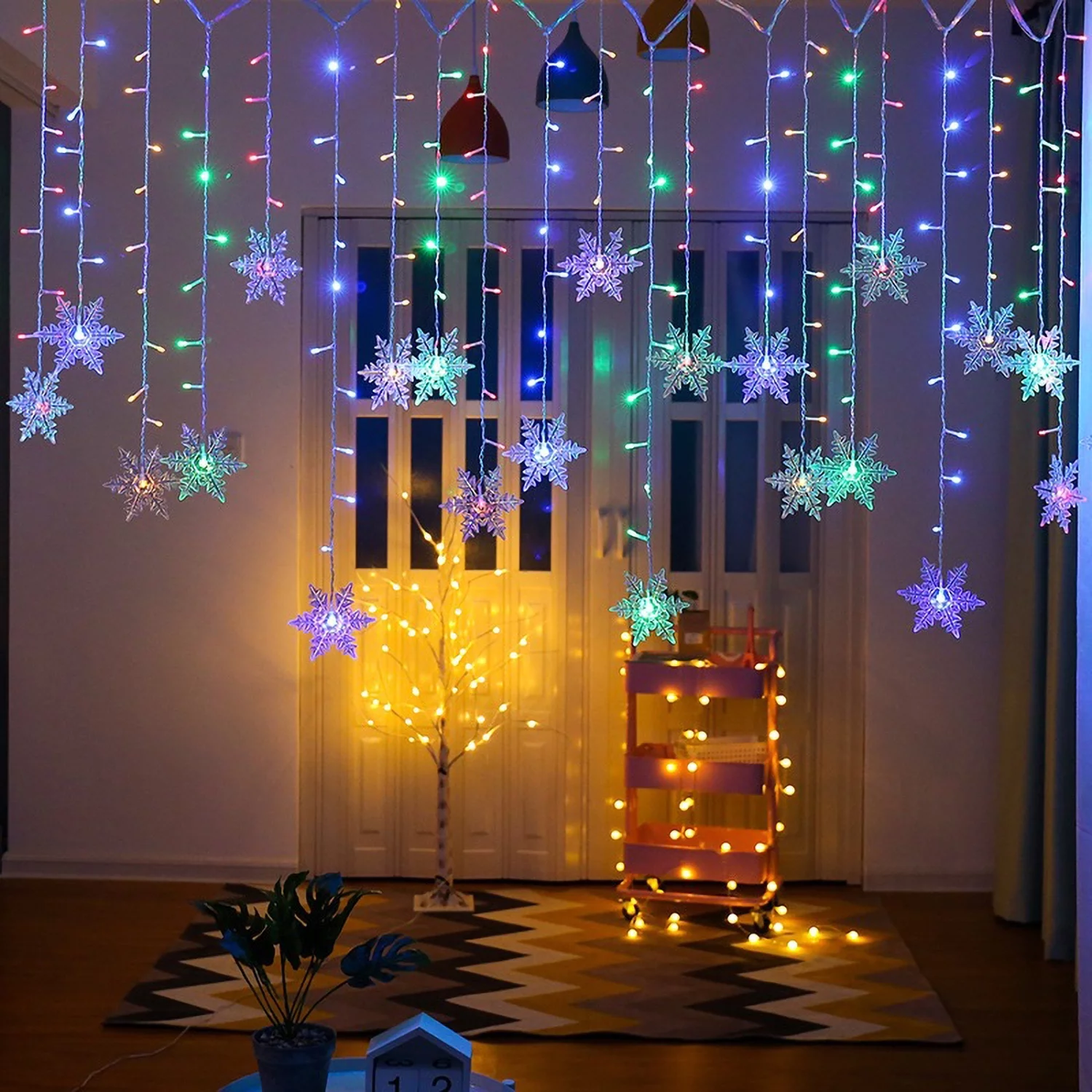 RUseeN Christmas Snowflake Window Curtain String Lights, 2 Pack 96LED Fairy Light Plug in for Indoor Outdoor Decorations for Bedroom Party Patio Room Garden Home Xmas Tree Decorations (Colorful)