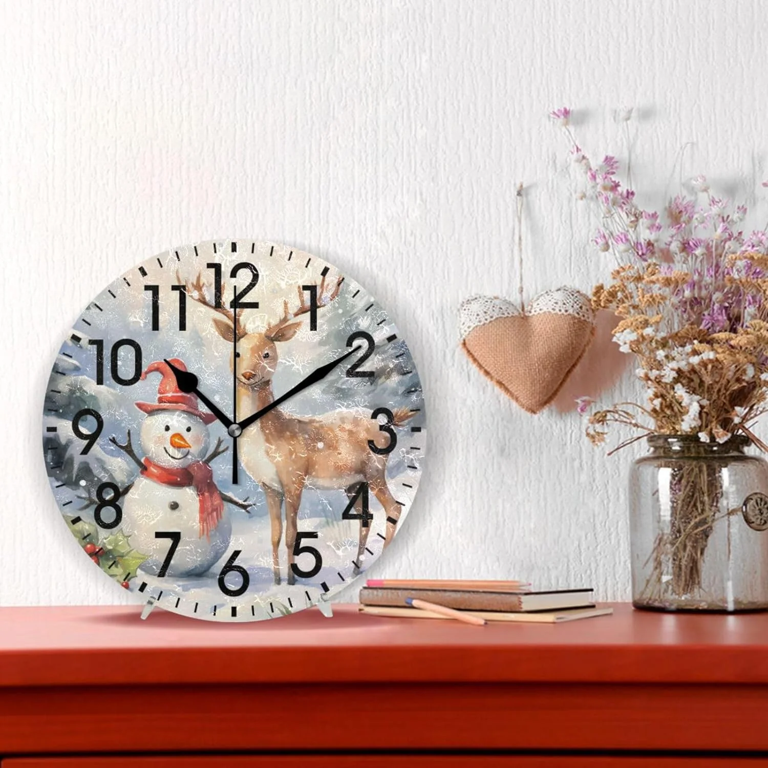 GZHJMY Home Decor Snowman Reindeer Watercolor Christmas Tree Round PVC Acrylic 9.5 Inch Wall Clock Non Ticking Silent Clock Art for Living Room Kitchen Bedroom