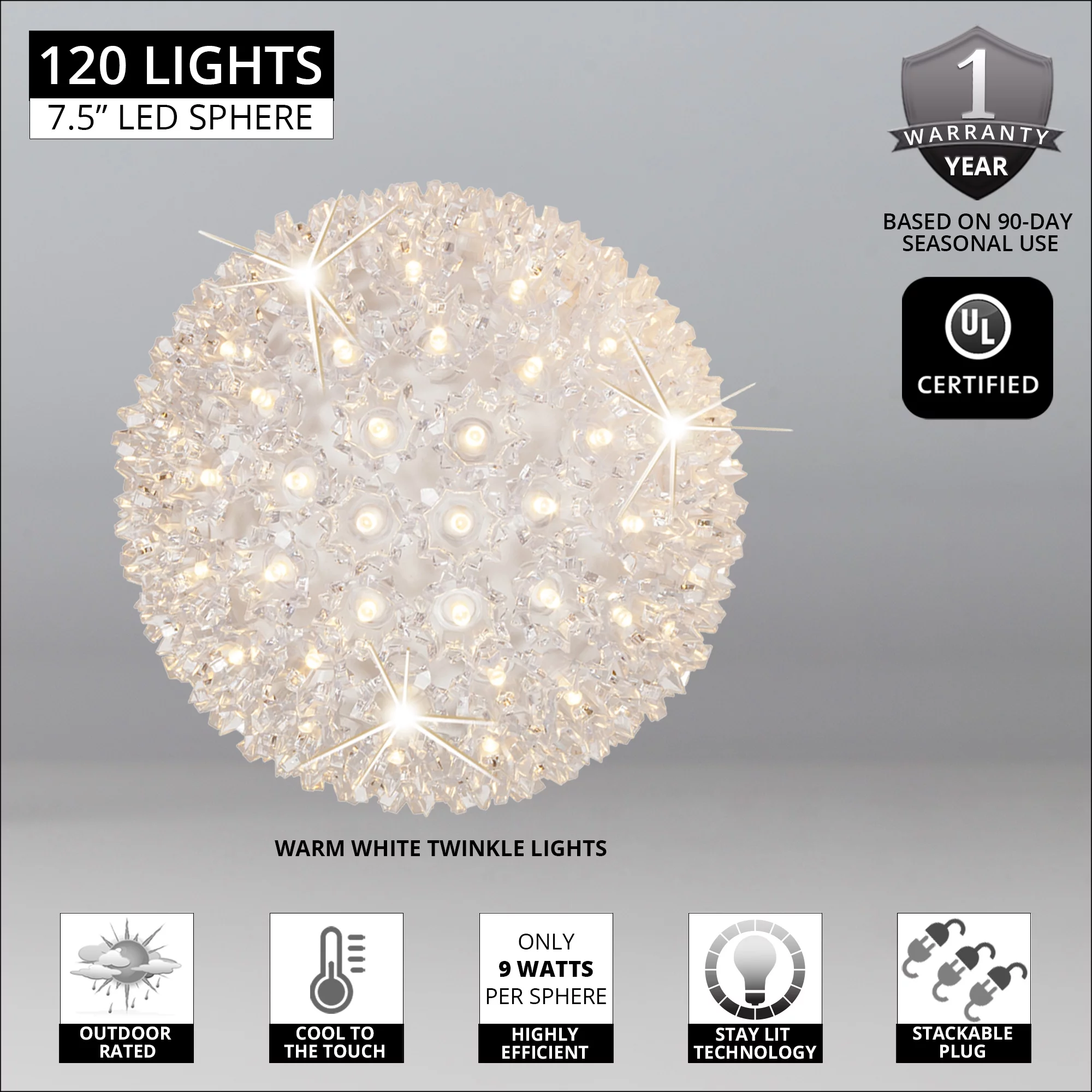 Wintergreen Lighting LED Starlight Sphere, LED Light Ball Sphere Light, Christmas Light Ball, Christmas Decoration (120 Twinkle Lights, 7.5