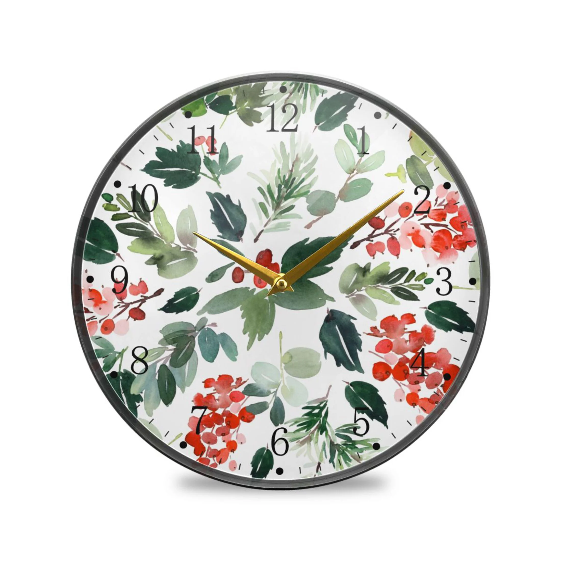 Watercolor Christmas with Berries Acrylic Wall Clocks Quiet Round Clock Battery Operated Non-Ticking Clock for Bedroom Kitchen Office Decorative 11.9 Inch
