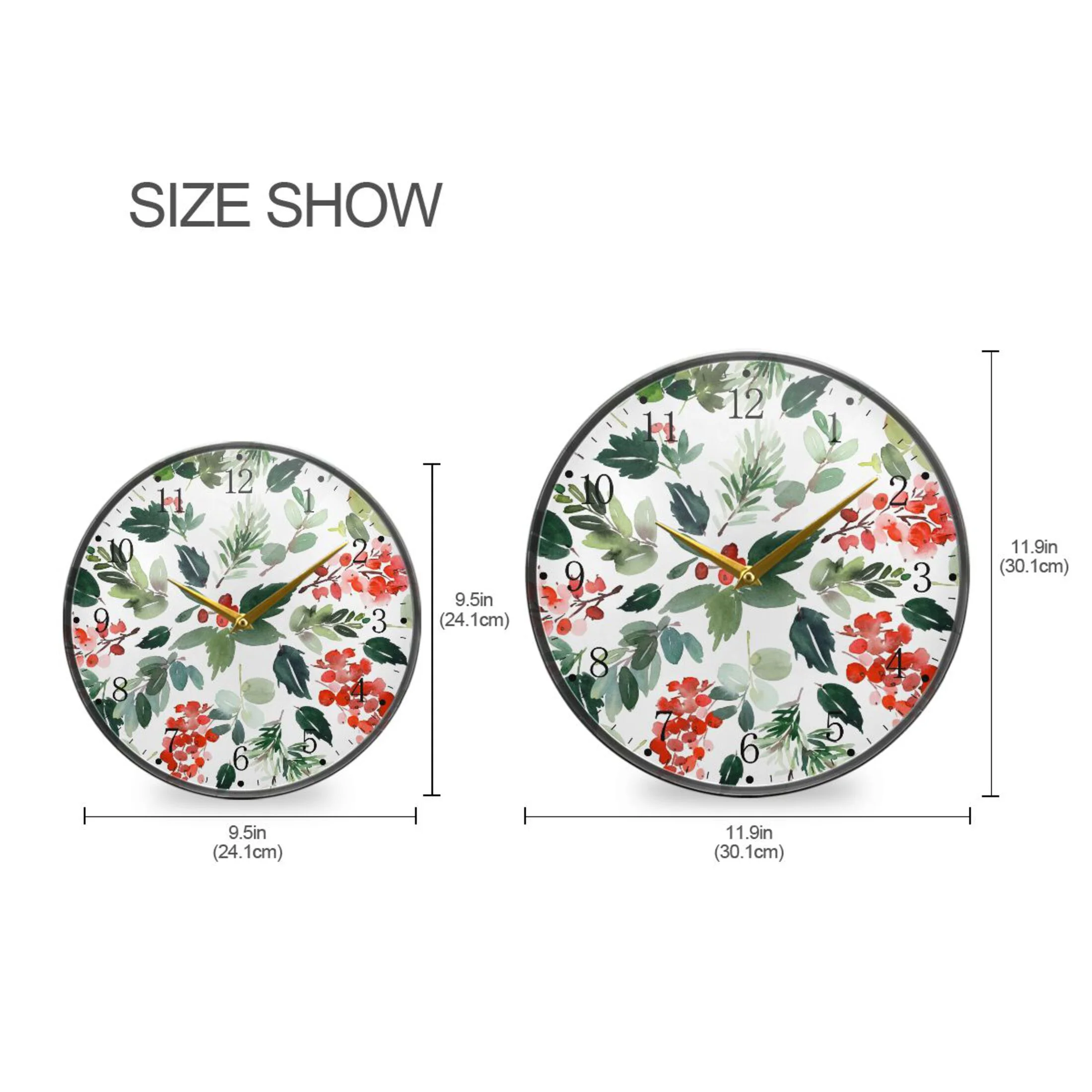 Watercolor Christmas with Berries Acrylic Wall Clocks Quiet Round Clock Battery Operated Non-Ticking Clock for Bedroom Kitchen Office Decorative 11.9 Inch