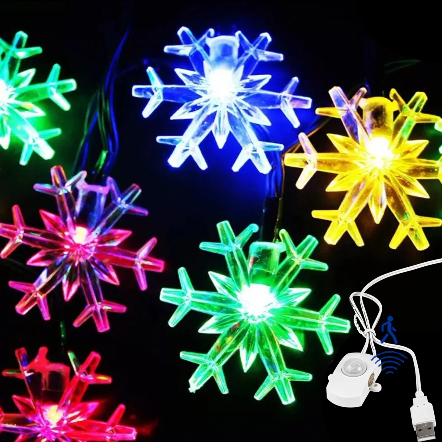 FSLiving String Lights,Waterproof Fairy Light with Snowflake Beads For Christmas Party Bedroom Garden Decor,6.5ft Curtain Lights with PIR Motion Sensor Cord,Auto ON/Off - Set of 2 (Colorful)