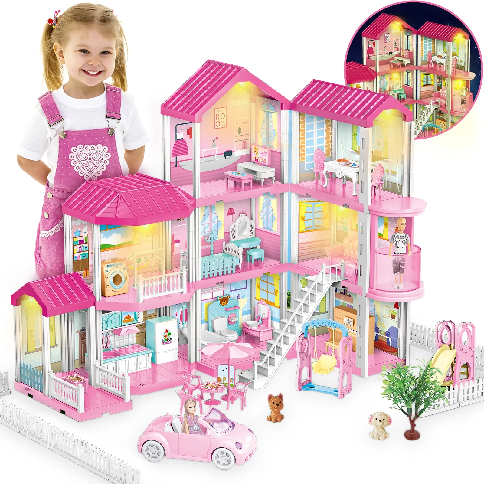 Freecat Doll House, Dream Doll House for Girls, Pretend Play Set with 318PCS 2 Dolls & Furniture Accessories, Princess Dollhouse Toy for 3 4 5 6 7 8+ Year Old Kids Girls Christmas Toy Gifts