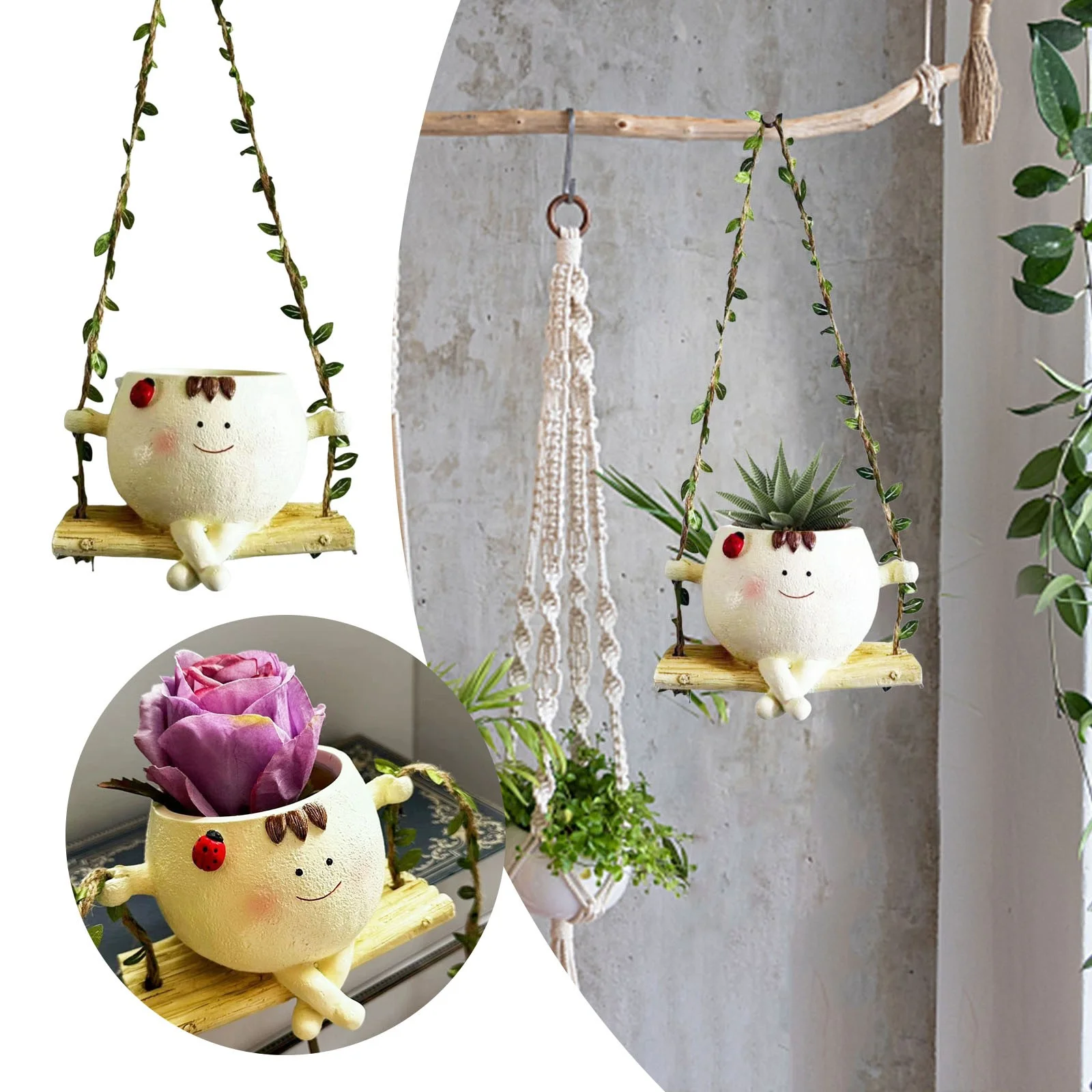 Replio Hanging Swing Chair Planter Pot Resin Face Planter For Indoor Outdoor Cute Head Flower Pots For String Of Pearls Live Unique Gift IdeaI For Mother Day Christmas